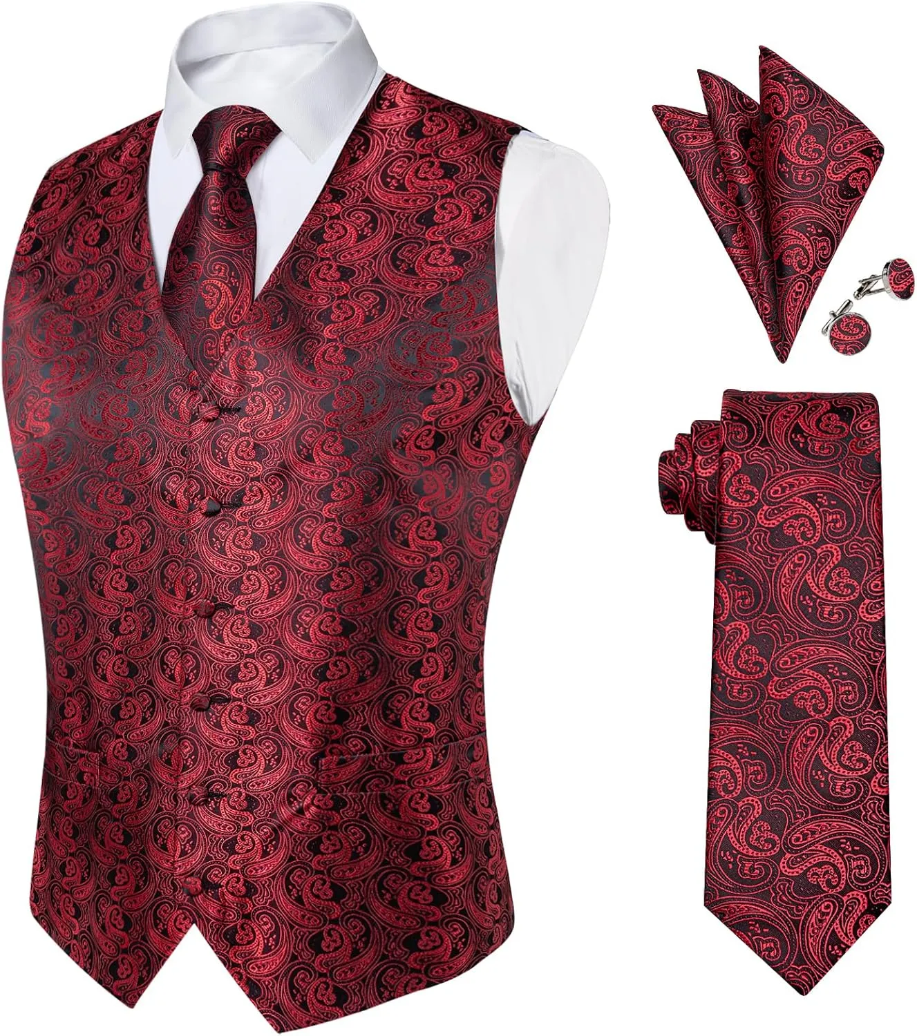 DiBanGu Mens Paisley Suit Waistcoat Silk Dress Vest and Necktie Pocket Square Cufflinks for Wedding Party