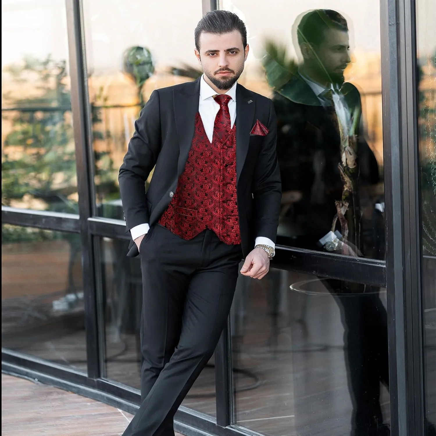 DiBanGu Mens Paisley Suit Waistcoat Silk Dress Vest and Necktie Pocket Square Cufflinks for Wedding Party