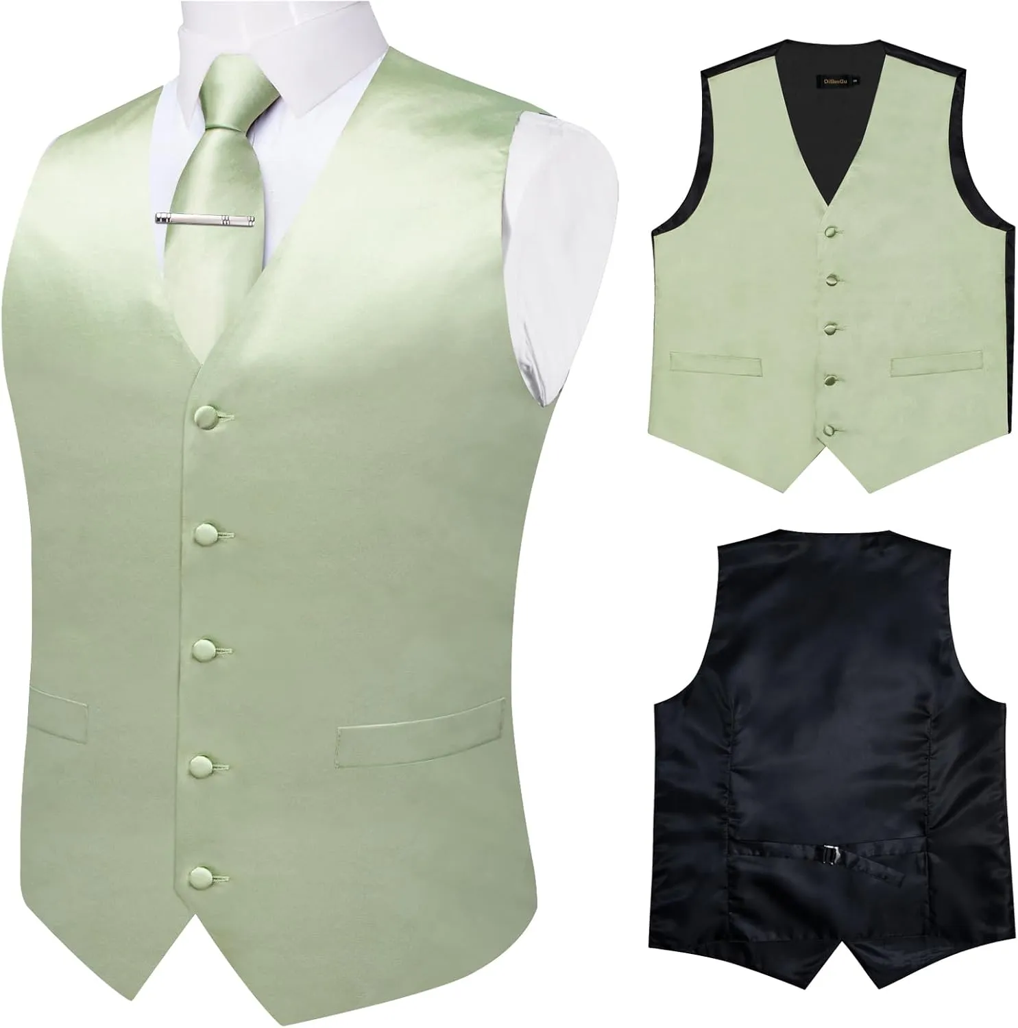 DiBanGu Men's Satin Suit Vest & Tie Set 5PCS Solid Color Dress Waistcoat for Suit or Tuxedo Wedding Party