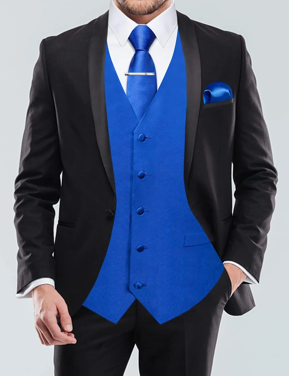 DiBanGu Men's Satin Suit Vest & Tie Set 5PCS Solid Color Dress Waistcoat for Suit or Tuxedo Wedding Party