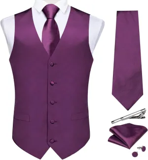 DiBanGu Men's Satin Suit Vest & Tie Set 5PCS Solid Color Dress Waistcoat for Suit or Tuxedo Wedding Party