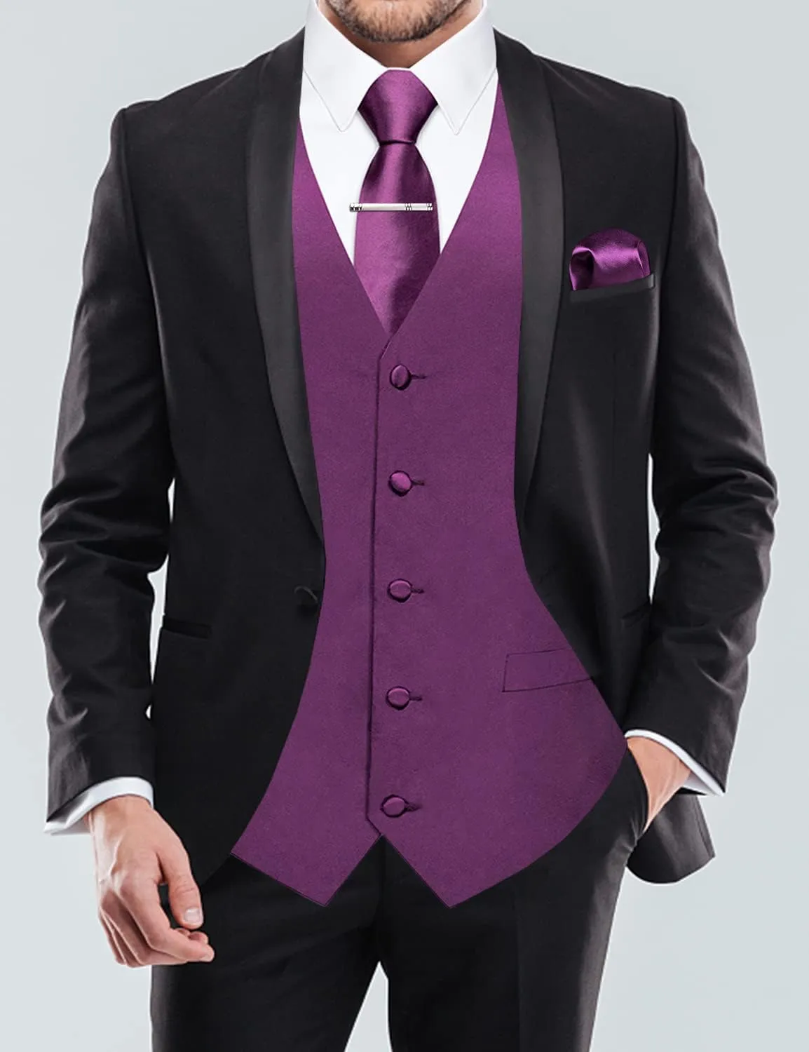 DiBanGu Men's Satin Suit Vest & Tie Set 5PCS Solid Color Dress Waistcoat for Suit or Tuxedo Wedding Party