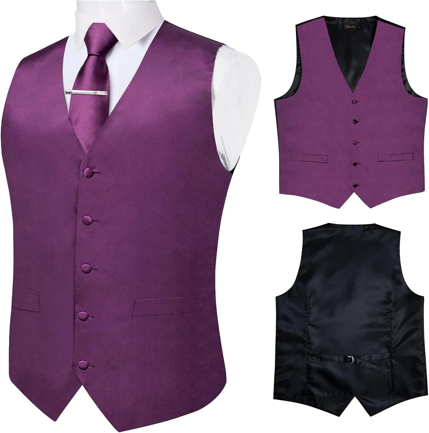 DiBanGu Men's Satin Suit Vest & Tie Set 5PCS Solid Color Dress Waistcoat for Suit or Tuxedo Wedding Party