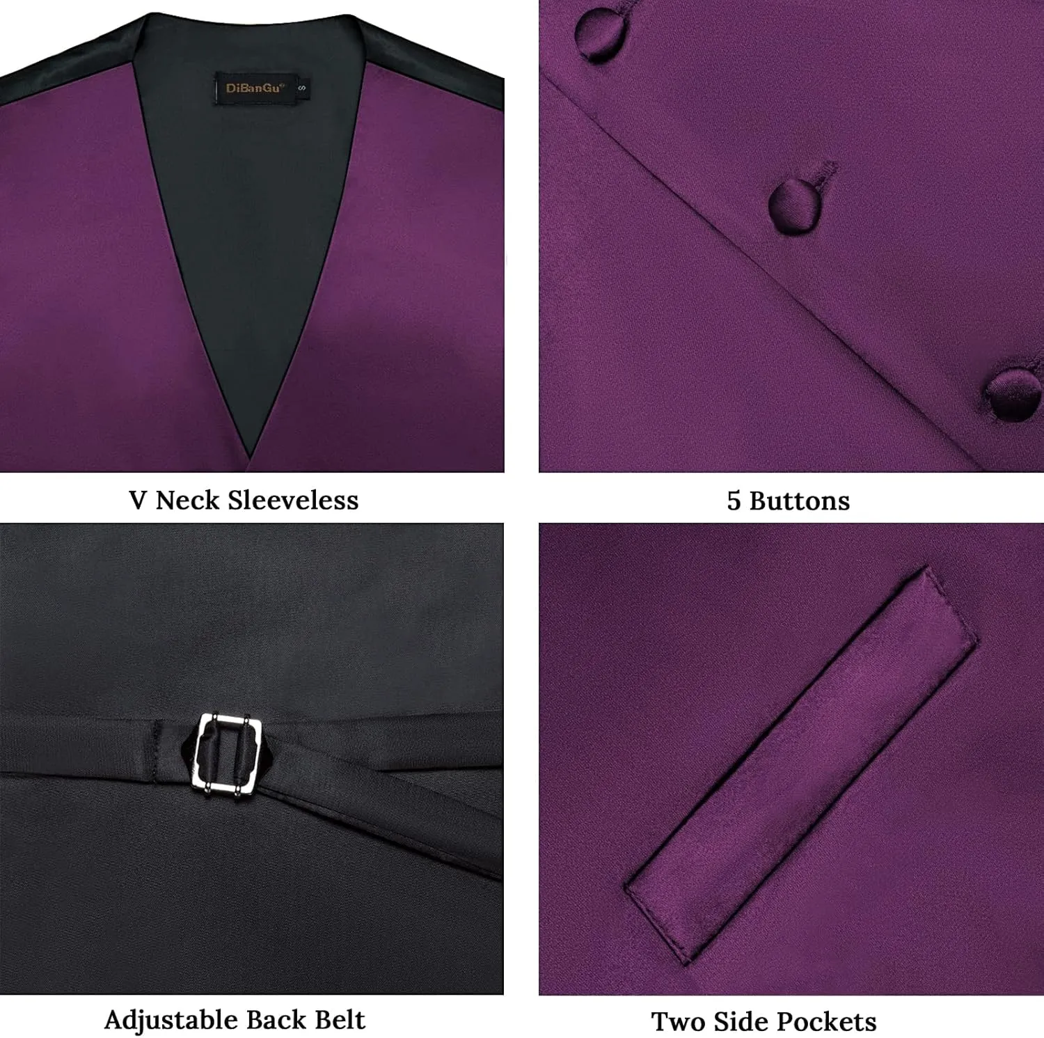 DiBanGu Men's Satin Suit Vest & Tie Set 5PCS Solid Color Dress Waistcoat for Suit or Tuxedo Wedding Party