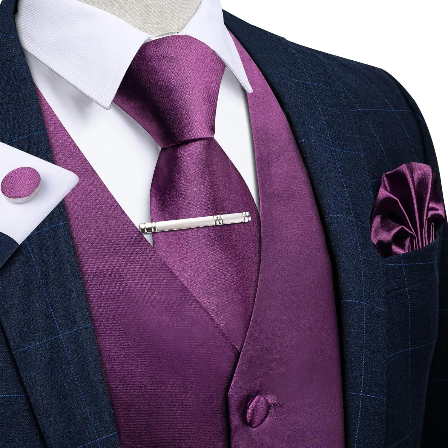 DiBanGu Men's Satin Suit Vest & Tie Set 5PCS Solid Color Dress Waistcoat for Suit or Tuxedo Wedding Party