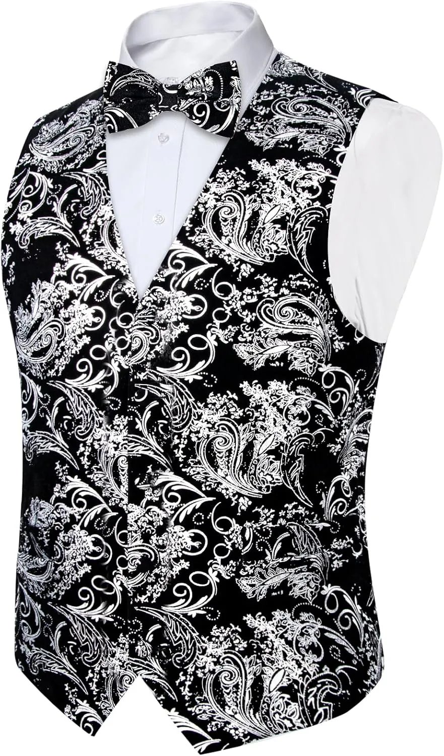 DiBanGu Mens Velvet Dress Waistcoat 6PCS Metallic Paisley Printed Suit Vest and Bowtie Set with Lapel Pin for Suit or Tuxedo