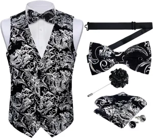 DiBanGu Mens Velvet Dress Waistcoat 6PCS Metallic Paisley Printed Suit Vest and Bowtie Set with Lapel Pin for Suit or Tuxedo