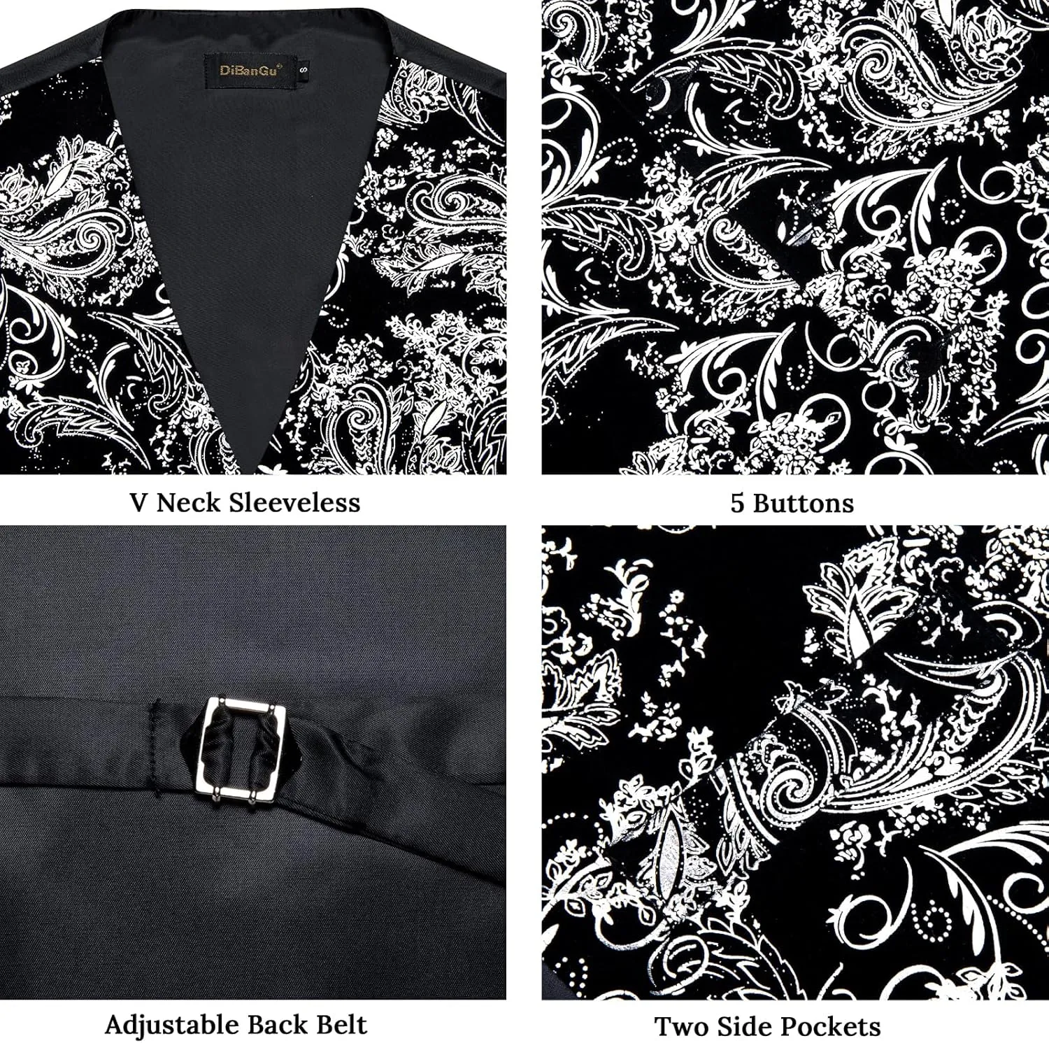 DiBanGu Mens Velvet Dress Waistcoat 6PCS Metallic Paisley Printed Suit Vest and Bowtie Set with Lapel Pin for Suit or Tuxedo