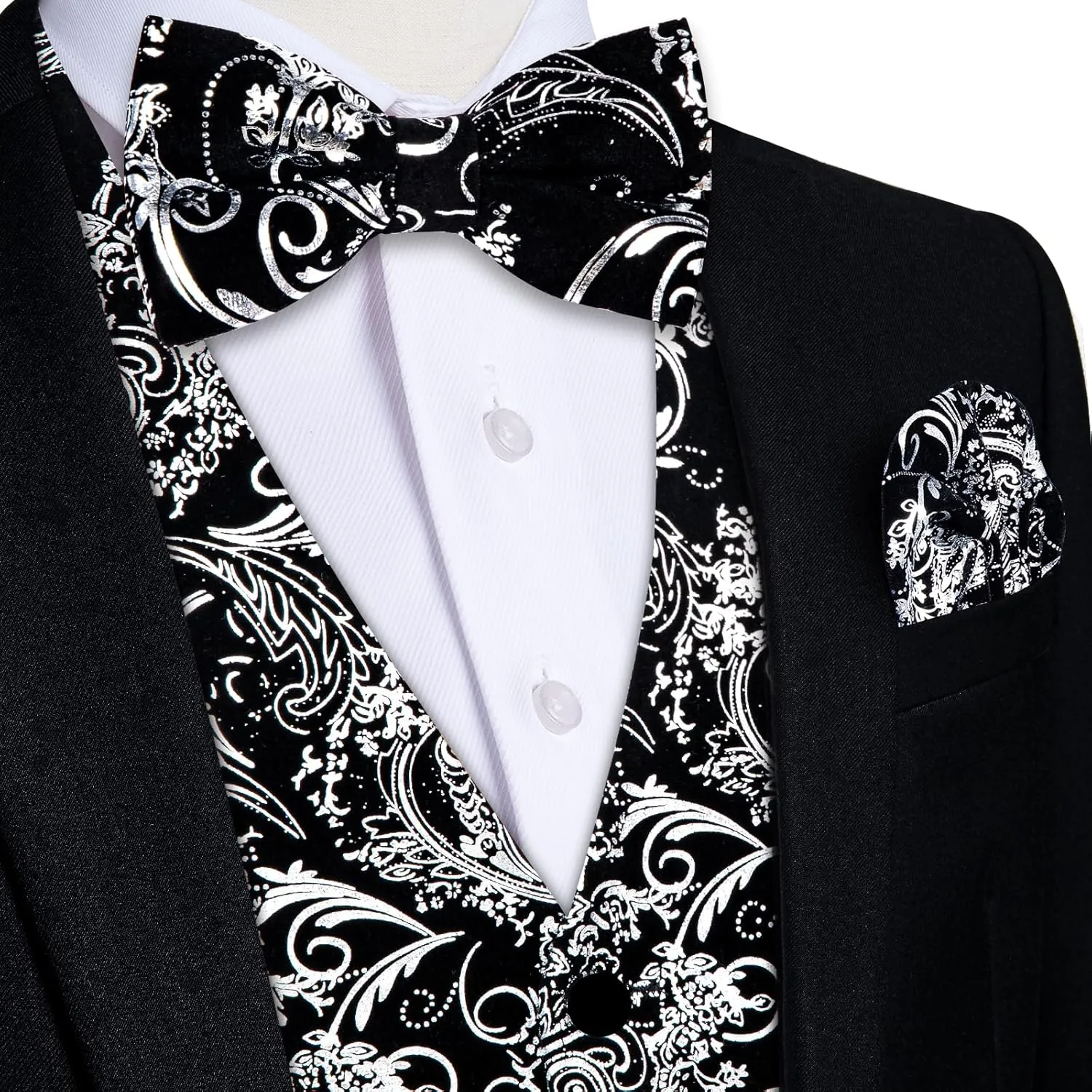 DiBanGu Mens Velvet Dress Waistcoat 6PCS Metallic Paisley Printed Suit Vest and Bowtie Set with Lapel Pin for Suit or Tuxedo