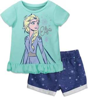 Disney Frozen Moana Princess Tiana Floral Peplum T-Shirt and French Terry Shorts Outfit Set Toddler to Big Kid