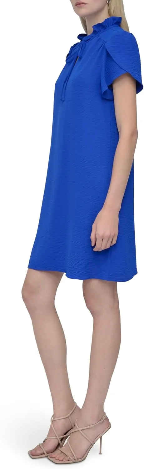 DKNY womens Front Tie Ruffle Neckline Trapeze Dress