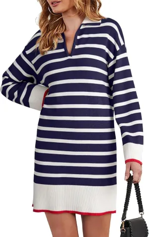 Dokotoo Women's Polo V Neck Sweater Dresses Fall Dresses for Women 2024 Long Sleeve Dress Casual Striped Mini Dress