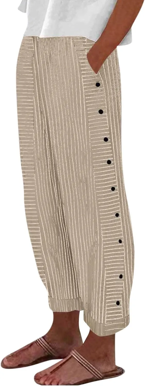 DPKLAD Women's Casual Pants Striped Side Button Elastic Waist Linen Summer Palazzo Pants Straight Leg Trousers with Pocket