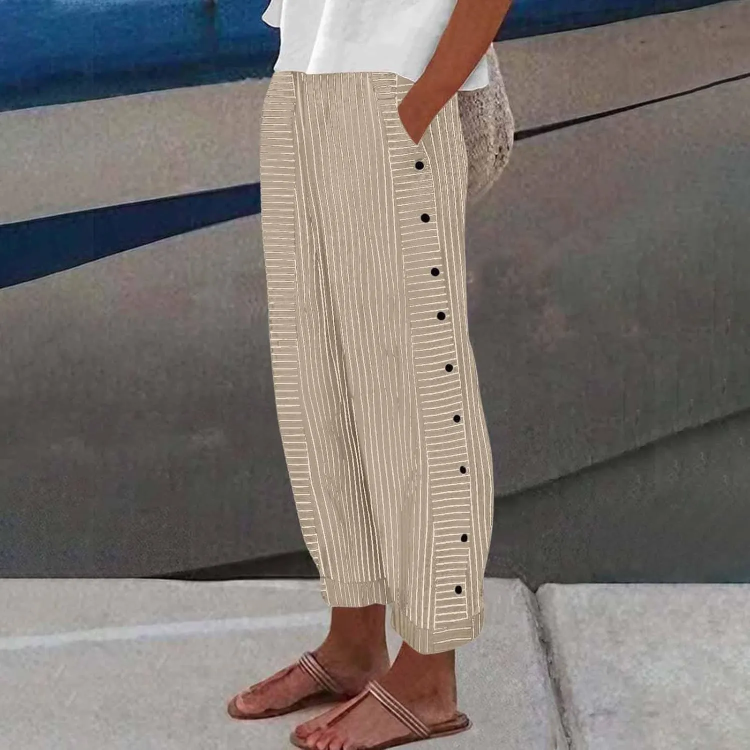 DPKLAD Women's Casual Pants Striped Side Button Elastic Waist Linen Summer Palazzo Pants Straight Leg Trousers with Pocket