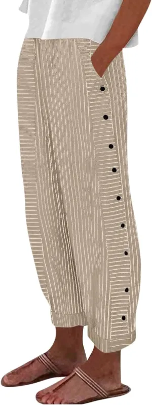 DPKLAD Women's Casual Pants Striped Side Button Elastic Waist Linen Summer Palazzo Pants Straight Leg Trousers with Pocket