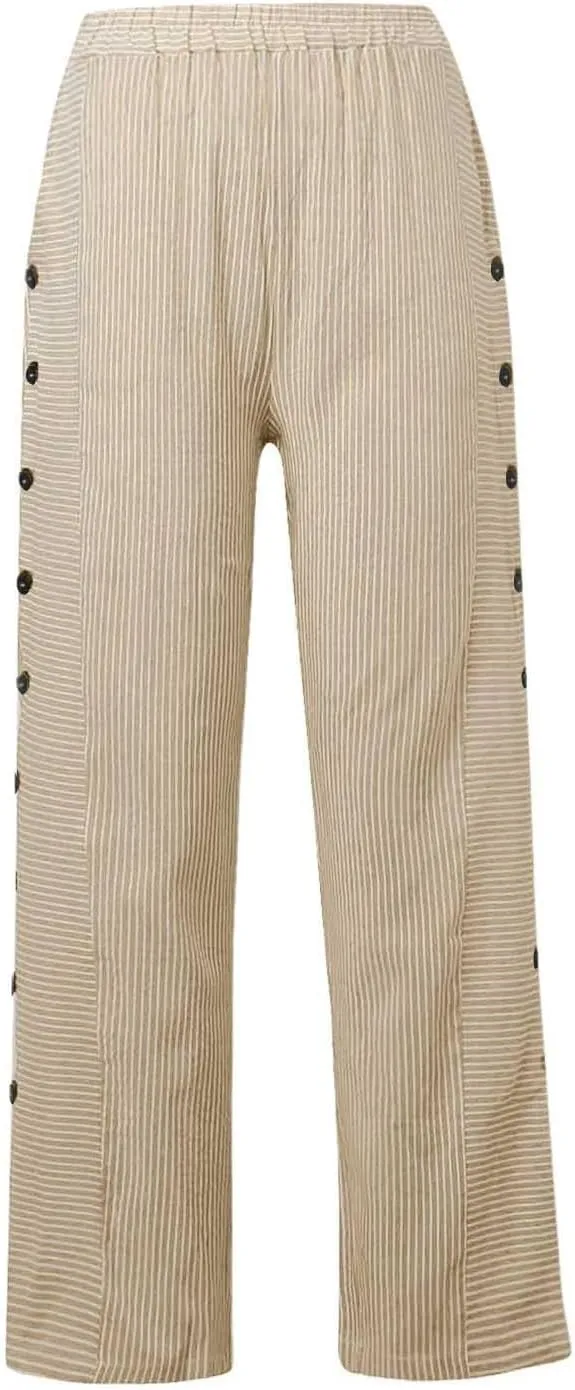 DPKLAD Women's Casual Pants Striped Side Button Elastic Waist Linen Summer Palazzo Pants Straight Leg Trousers with Pocket