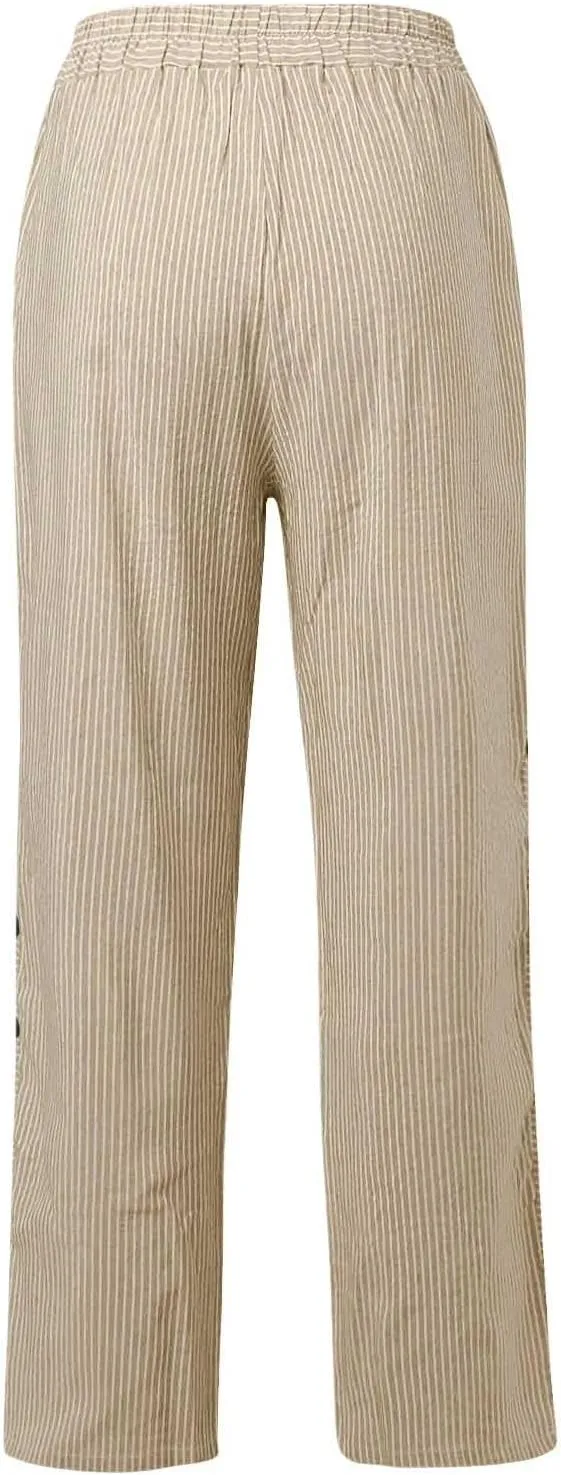 DPKLAD Women's Casual Pants Striped Side Button Elastic Waist Linen Summer Palazzo Pants Straight Leg Trousers with Pocket