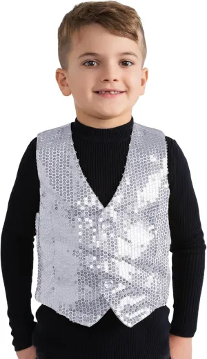 Dress Up America Sequin Vest for Kids - Silver Shiny Dance Vest for Boys - Party Costume for Girls and Boys