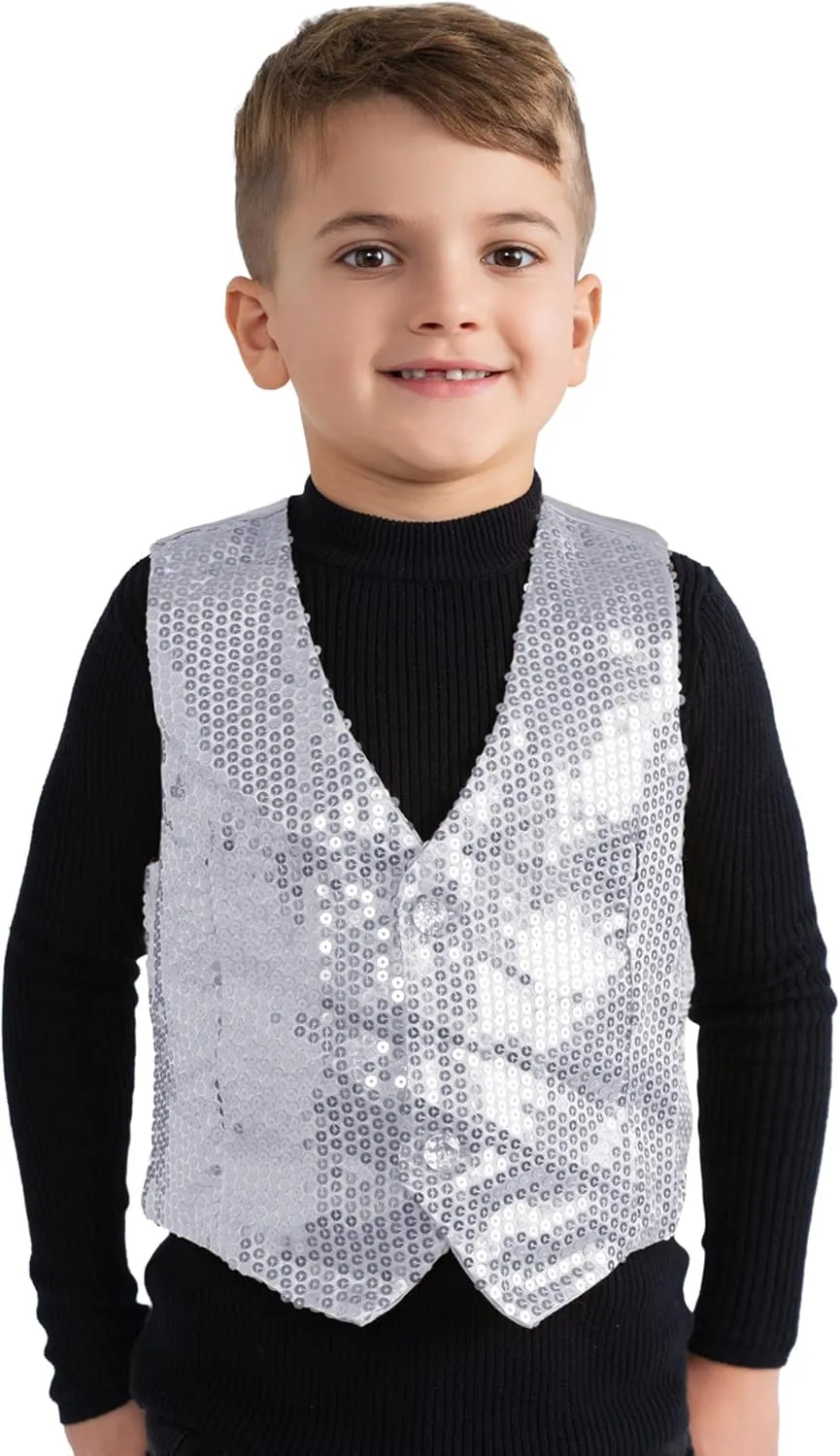 Dress Up America Sequin Vest for Kids - Silver Shiny Dance Vest for Boys - Party Costume for Girls and Boys