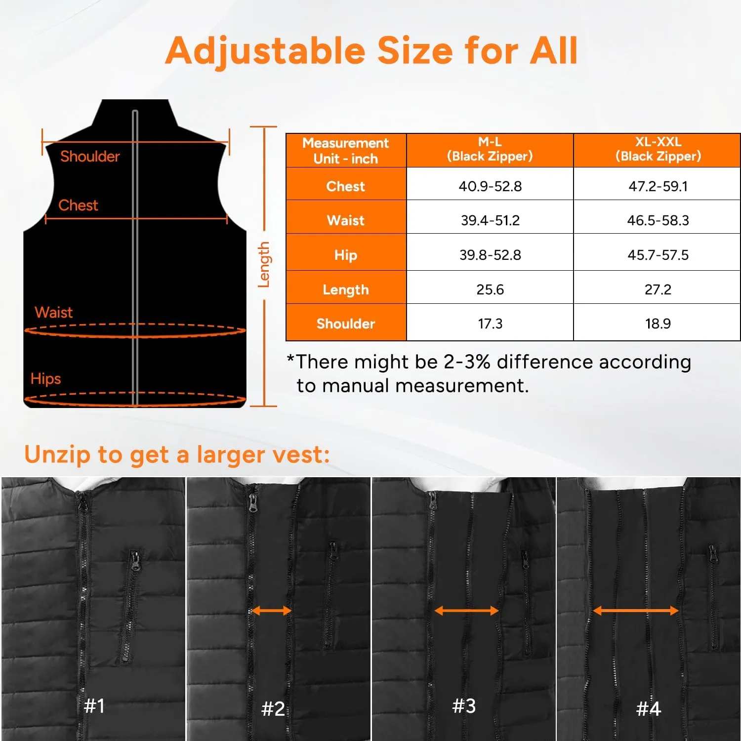 DR.PREPARE Heated Vest, Lightweight Heating Vest, 3 Heat Levels, 6 Heat Zones, Adjustable Size (Battery Not Included)