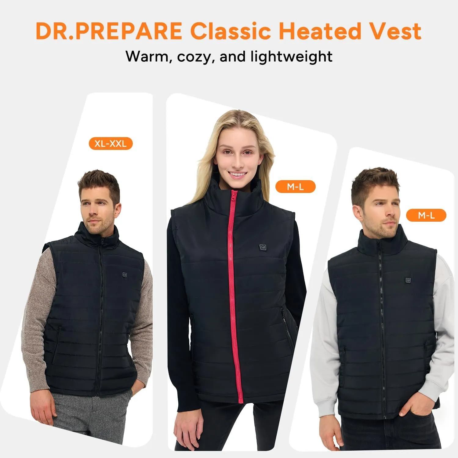 DR.PREPARE Heated Vest, Lightweight Heating Vest, 3 Heat Levels, 6 Heat Zones, Adjustable Size (Battery Not Included)