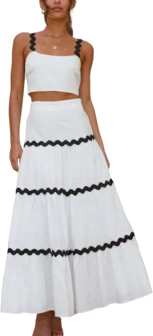 ebossy Women's Summer 2 Piece Dress Ricrac Smocked Cami Crop Top Boho Elastic Waist Tiered Flowy A-line Long Skirt Sets