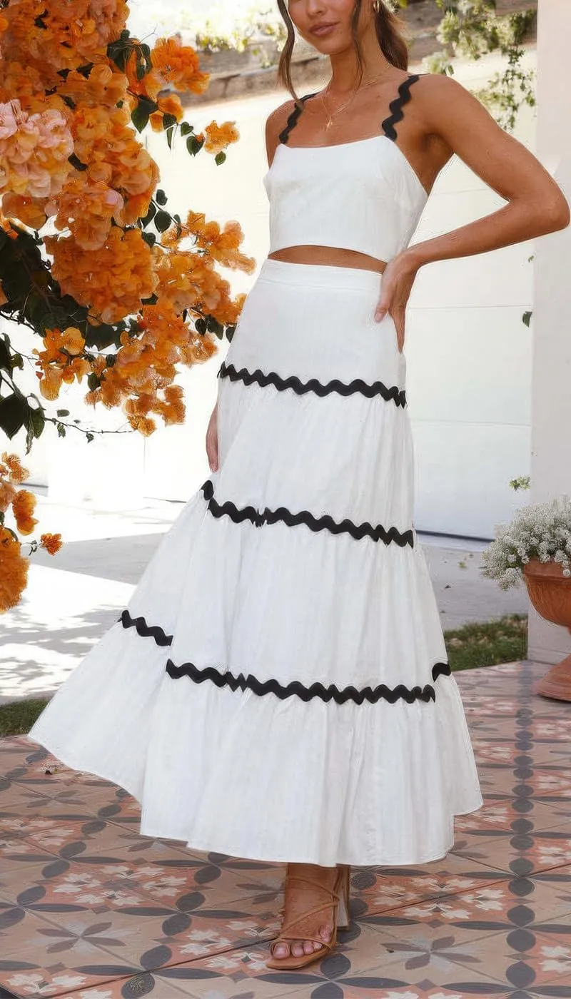 ebossy Women's Summer 2 Piece Dress Ricrac Smocked Cami Crop Top Boho Elastic Waist Tiered Flowy A-line Long Skirt Sets