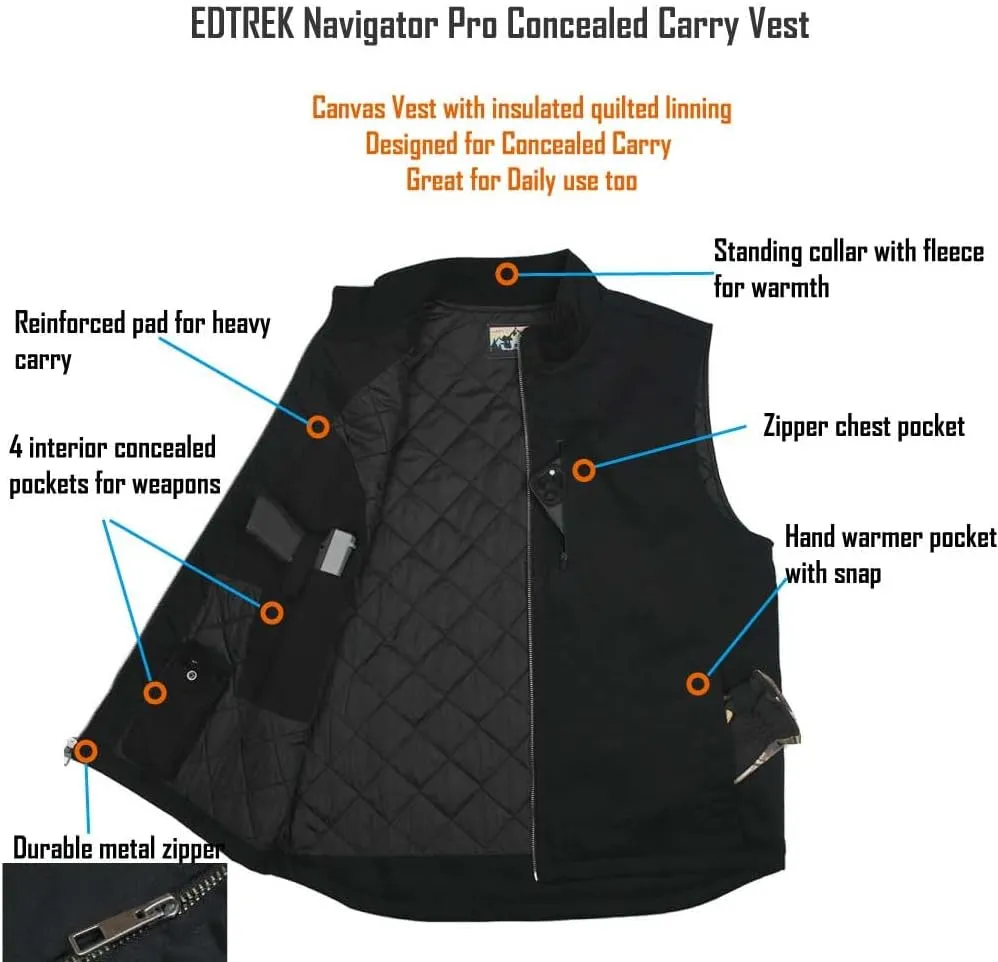EDTREK Men's Concealed Carry Vest With Two Holster Inside - Urban Gun Vest With Zipped Chest Pocket