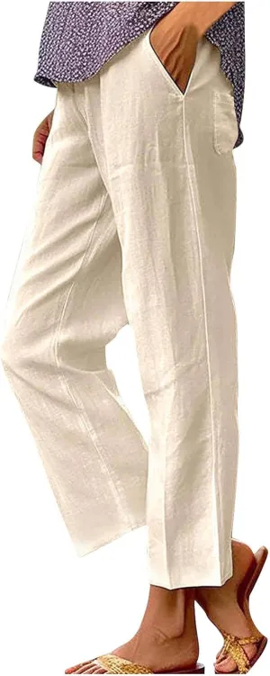 Elastic Waist Pants for Women Trendy 2024 Summer Casual Straight Leg Cotton Linen Pants Cropped Lounge Trousers