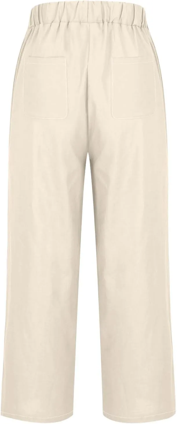 Elastic Waist Pants for Women Trendy 2024 Summer Casual Straight Leg Cotton Linen Pants Cropped Lounge Trousers