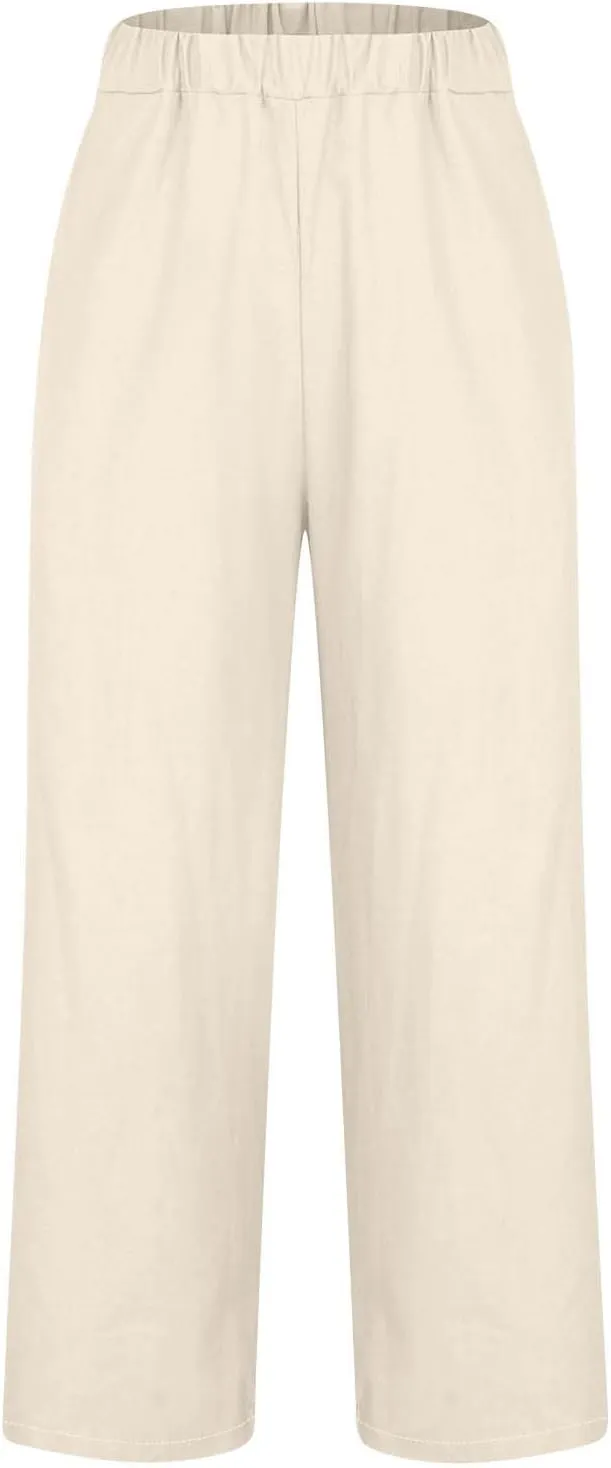 Elastic Waist Pants for Women Trendy 2024 Summer Casual Straight Leg Cotton Linen Pants Cropped Lounge Trousers