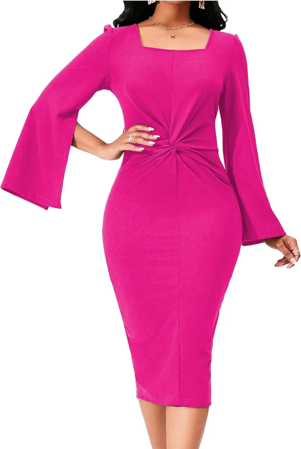 Elegant Dresses for Women Sexy Church Long Ruffles Sleeve Business Pencil Vintage Peplum Dress Wear to Work