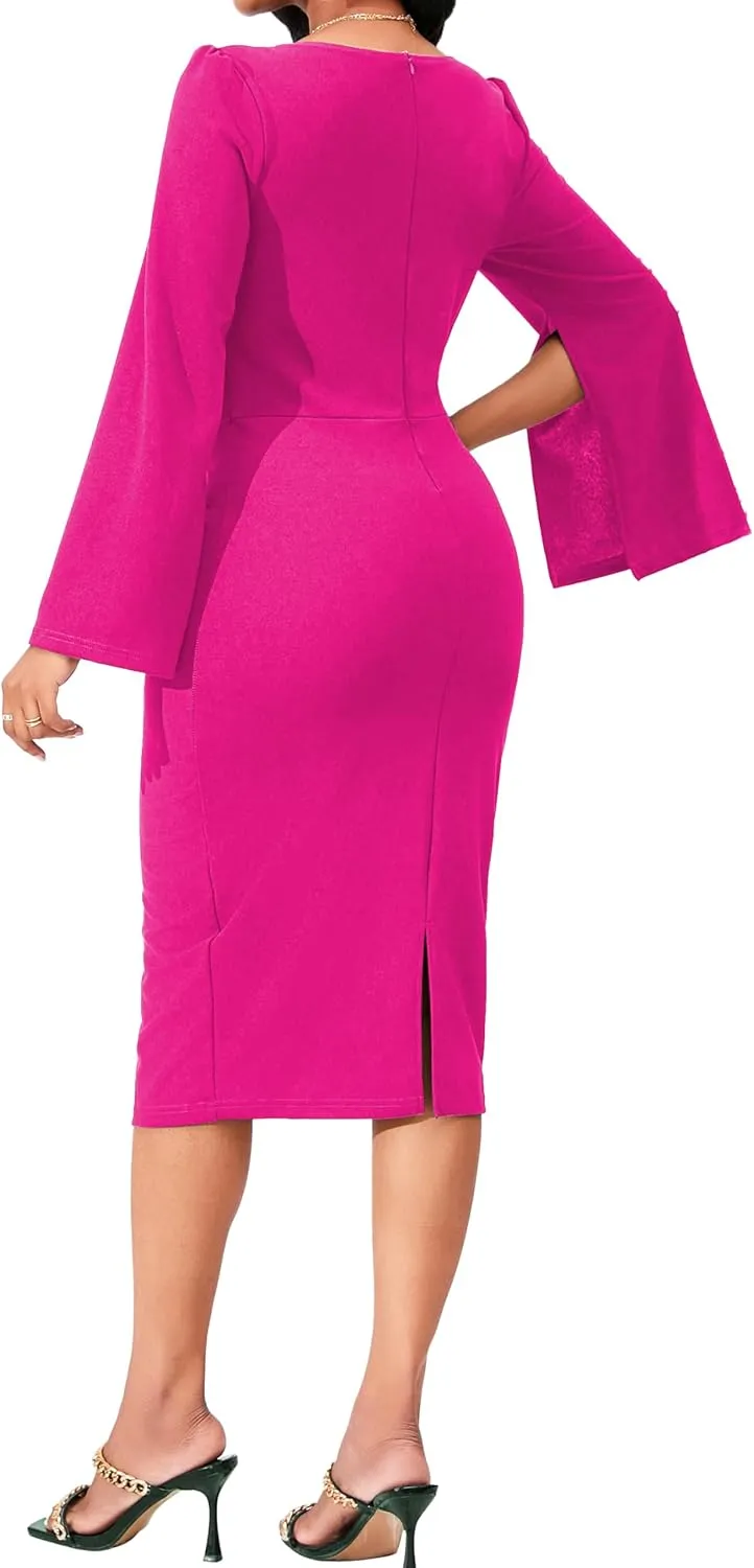 Elegant Dresses for Women Sexy Church Long Ruffles Sleeve Business Pencil Vintage Peplum Dress Wear to Work