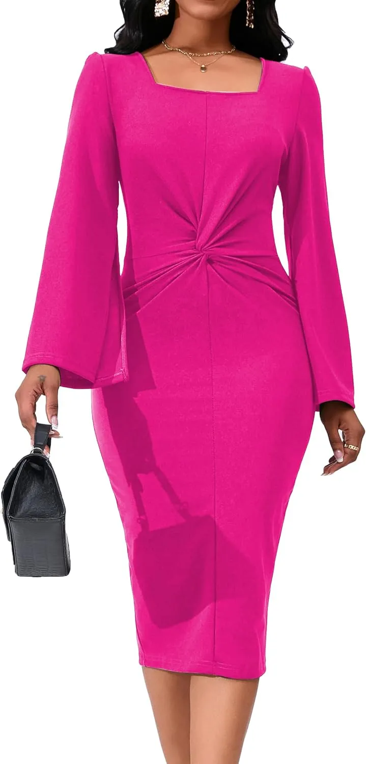 Elegant Dresses for Women Sexy Church Long Ruffles Sleeve Business Pencil Vintage Peplum Dress Wear to Work