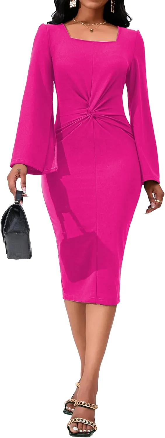 Elegant Dresses for Women Sexy Church Long Ruffles Sleeve Business Pencil Vintage Peplum Dress Wear to Work