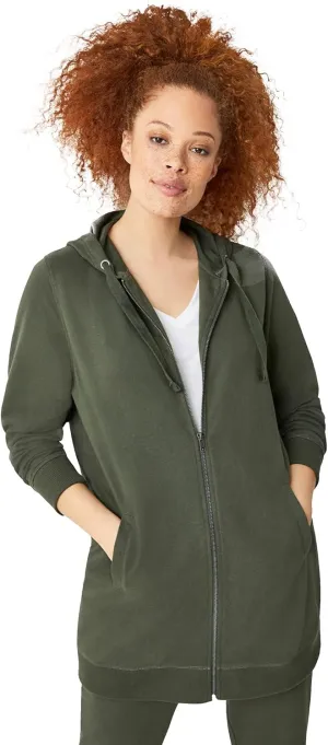 ellos Women's Plus Size Long Zip Front Hoodie French Terry Long Oversized Lightweight Jacket