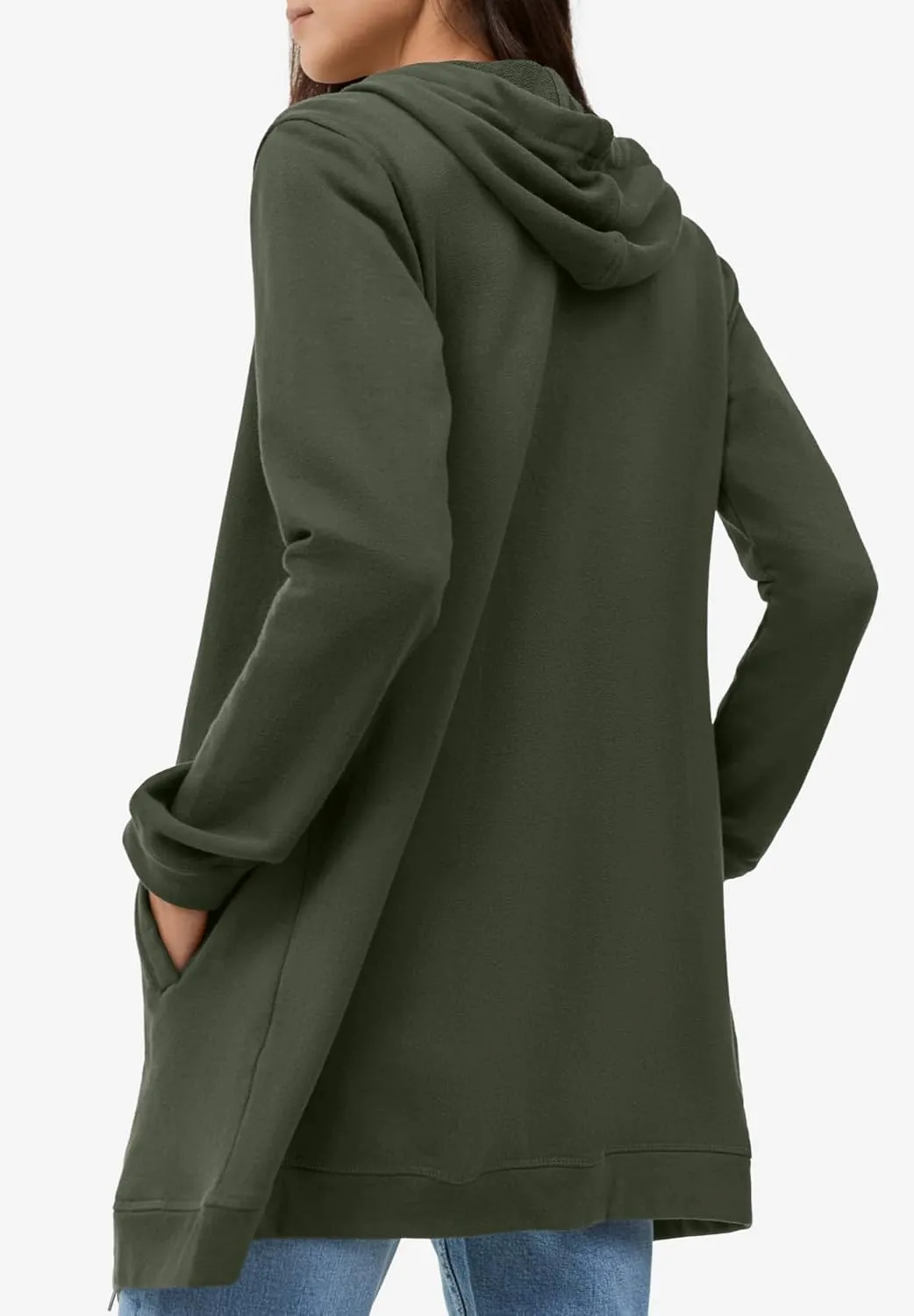 ellos Women's Plus Size Long Zip Front Hoodie French Terry Long Oversized Lightweight Jacket