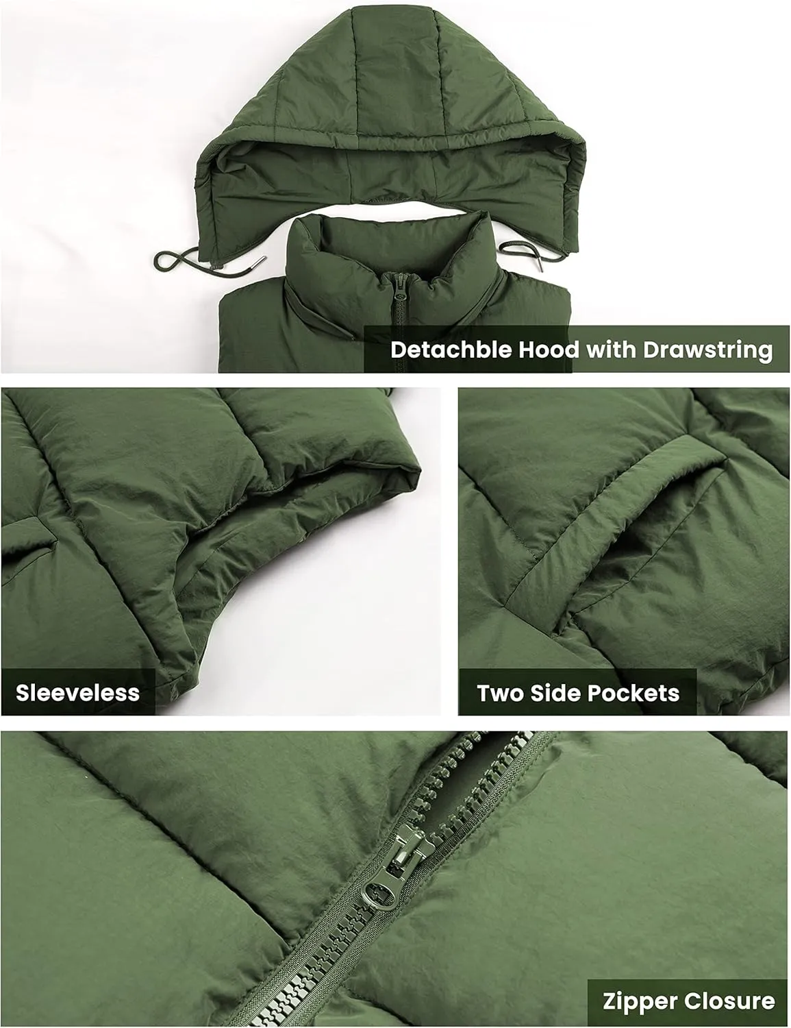 EsheSy Women's Puffer Vest with Removable Hood Sleeveless Full Zip Quilted Down Jacket