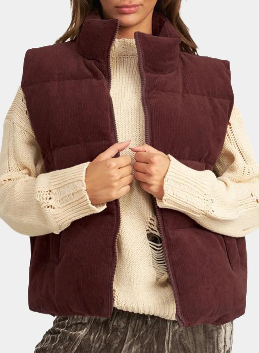 EVALESS Corduroy Cropped Puffer Vest for Women Lightweight Stand Collar Sleeveless Jackets Zip Up Clothes Fashion 2024