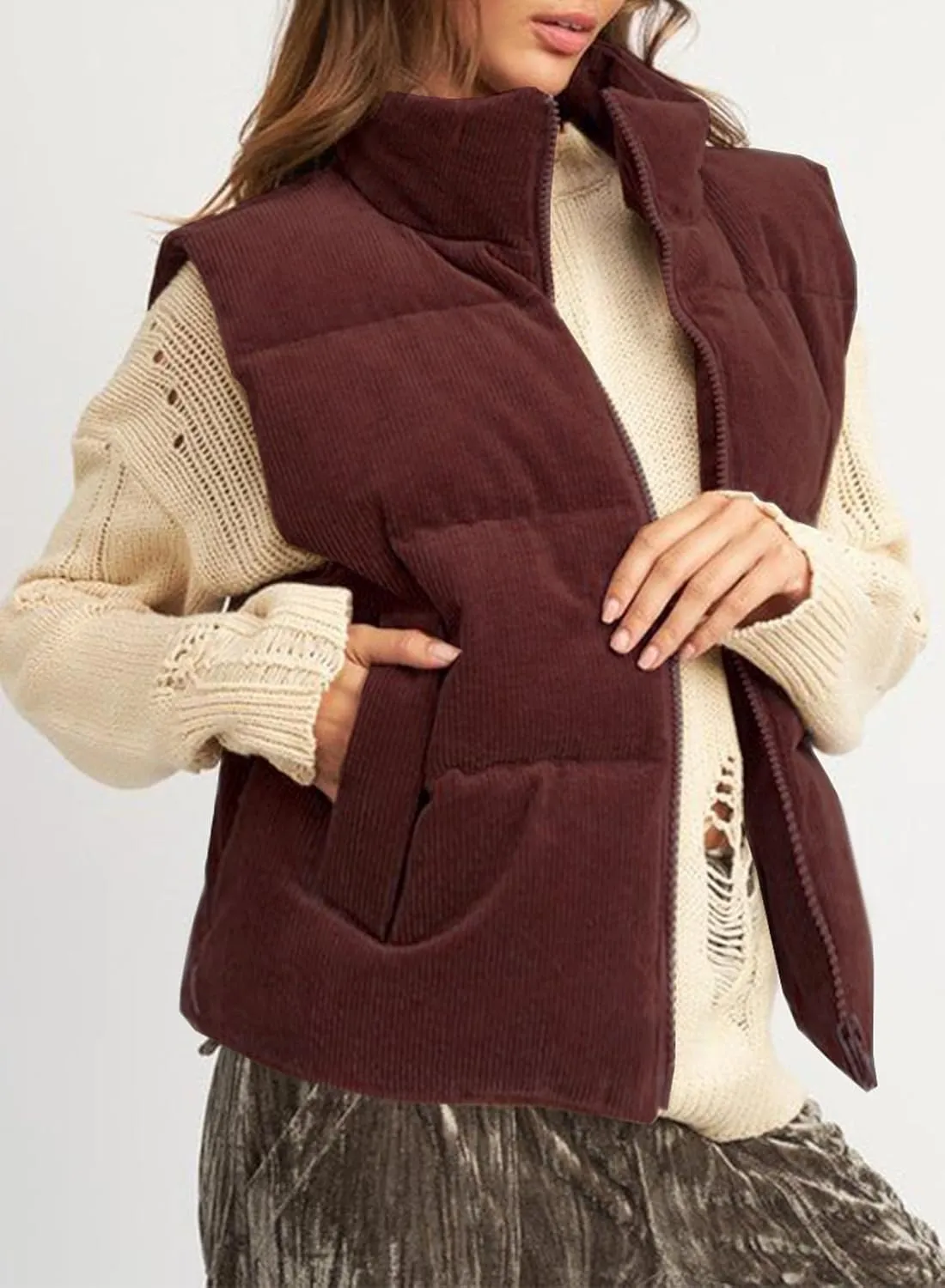 EVALESS Corduroy Cropped Puffer Vest for Women Lightweight Stand Collar Sleeveless Jackets Zip Up Clothes Fashion 2024