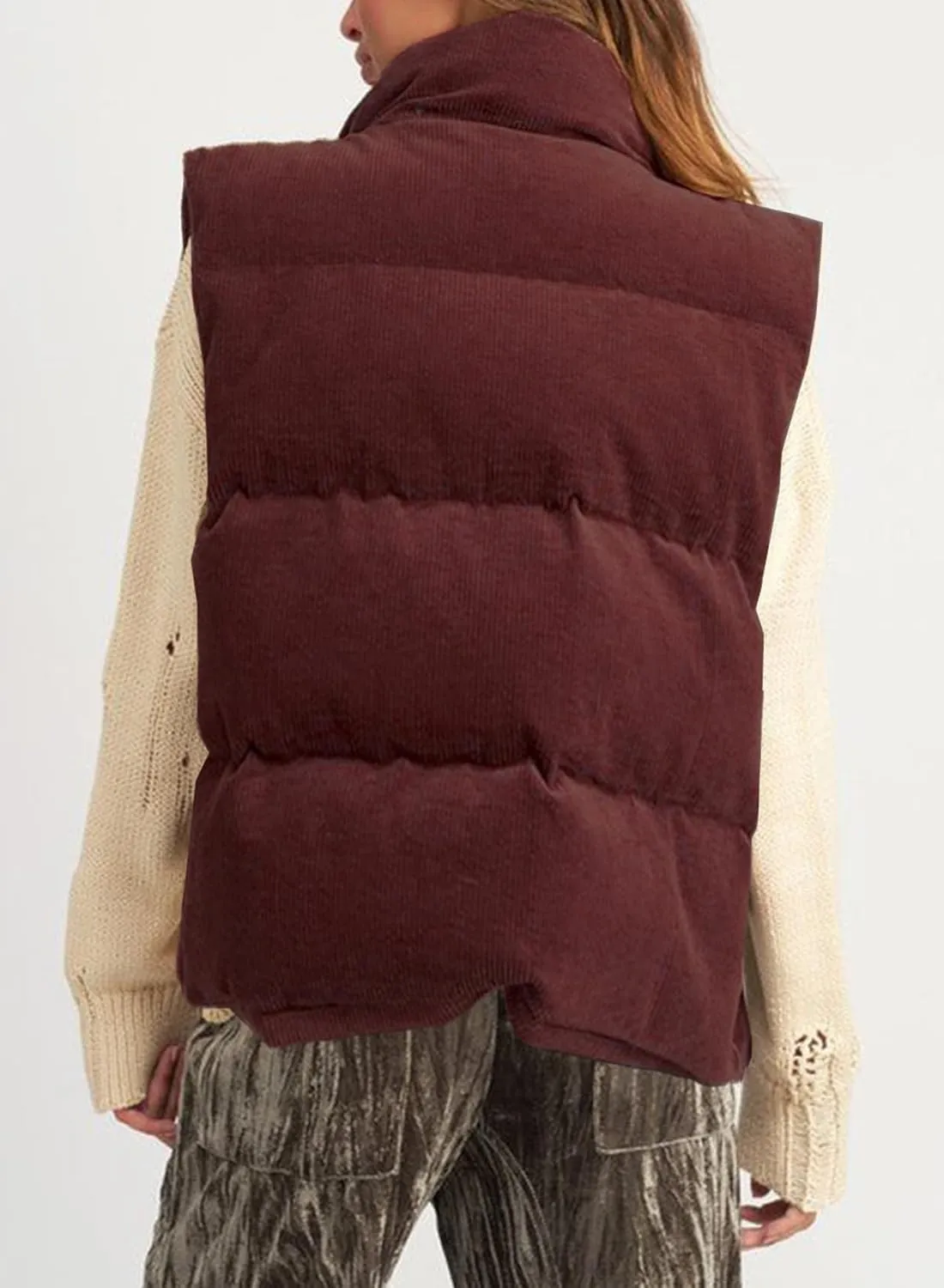 EVALESS Corduroy Cropped Puffer Vest for Women Lightweight Stand Collar Sleeveless Jackets Zip Up Clothes Fashion 2024