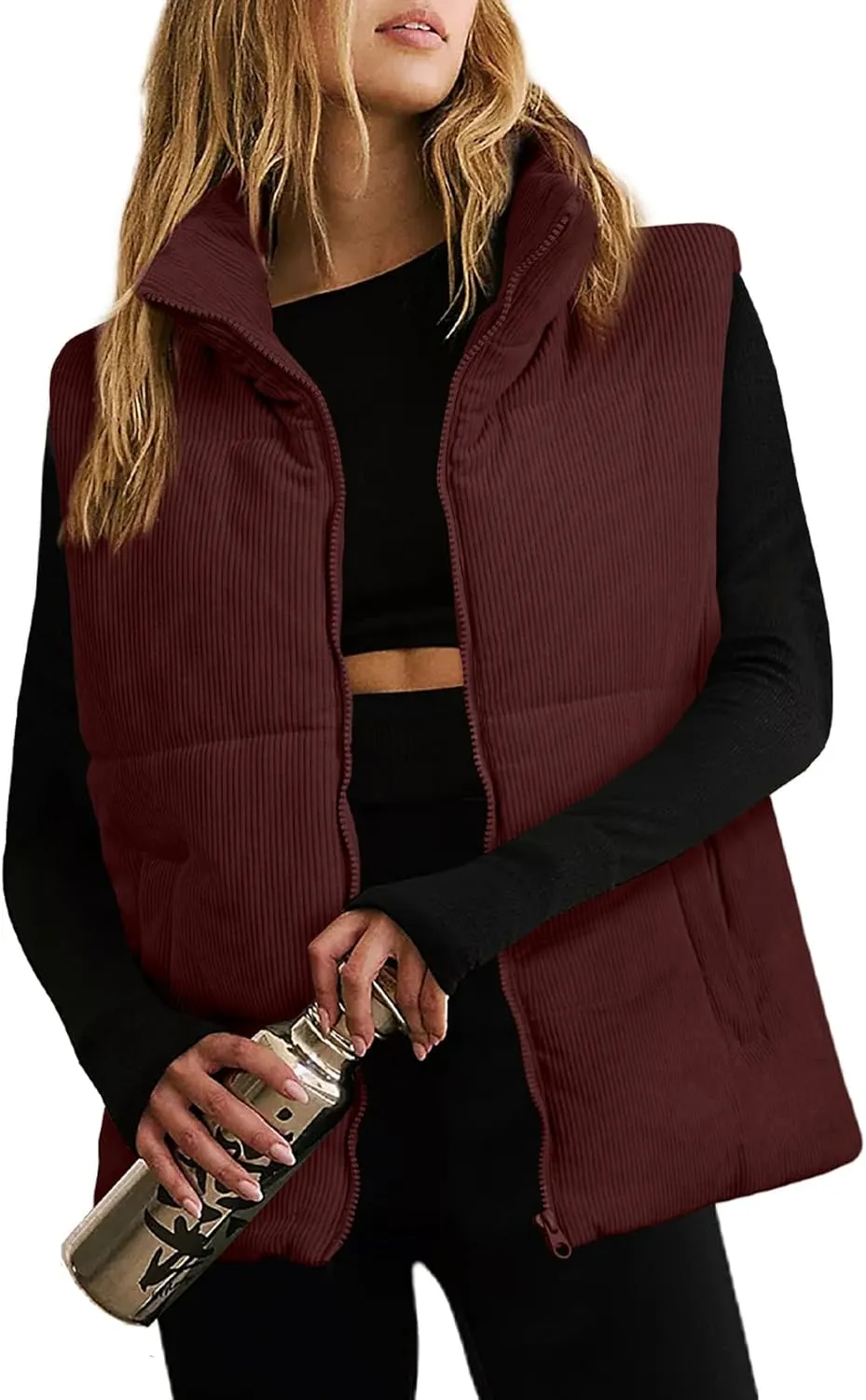 EVALESS Corduroy Cropped Puffer Vest for Women Lightweight Stand Collar Sleeveless Jackets Zip Up Clothes Fashion 2024