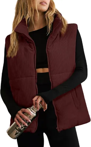 EVALESS Corduroy Cropped Puffer Vest for Women Lightweight Stand Collar Sleeveless Jackets Zip Up Clothes Fashion 2024