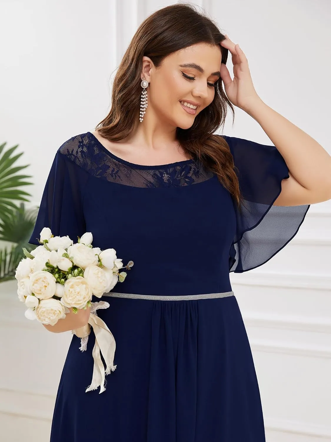 Ever-Pretty Plus Womens Plus Size Lace Illusion Ruffle Sleeves Irregular Hem A Line Chiffon Maxi Evening Dresses 00465-DA