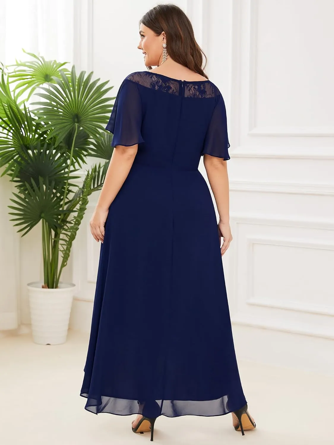 Ever-Pretty Plus Womens Plus Size Lace Illusion Ruffle Sleeves Irregular Hem A Line Chiffon Maxi Evening Dresses 00465-DA