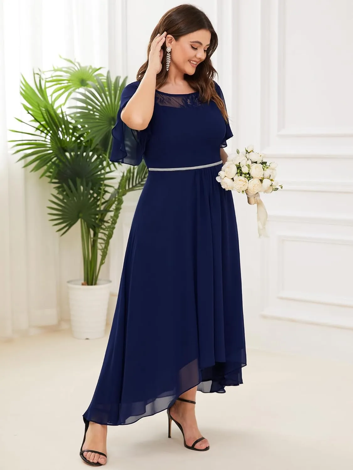 Ever-Pretty Plus Womens Plus Size Lace Illusion Ruffle Sleeves Irregular Hem A Line Chiffon Maxi Evening Dresses 00465-DA