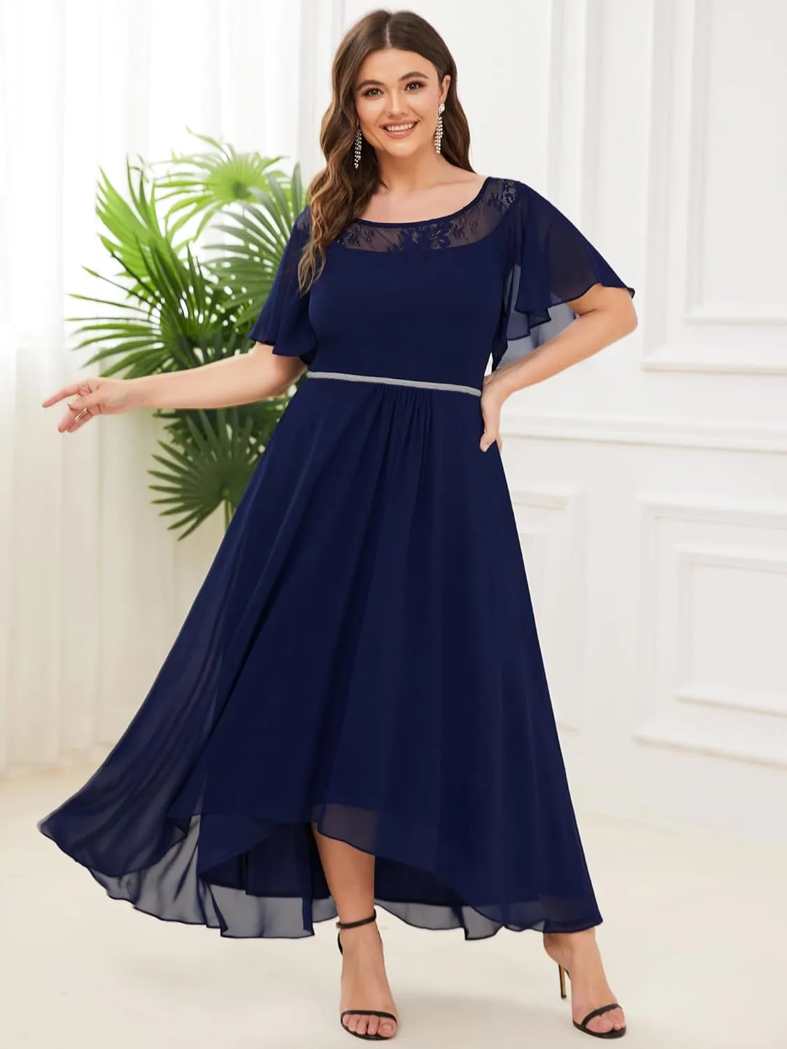 Ever-Pretty Plus Womens Plus Size Lace Illusion Ruffle Sleeves Irregular Hem A Line Chiffon Maxi Evening Dresses 00465-DA