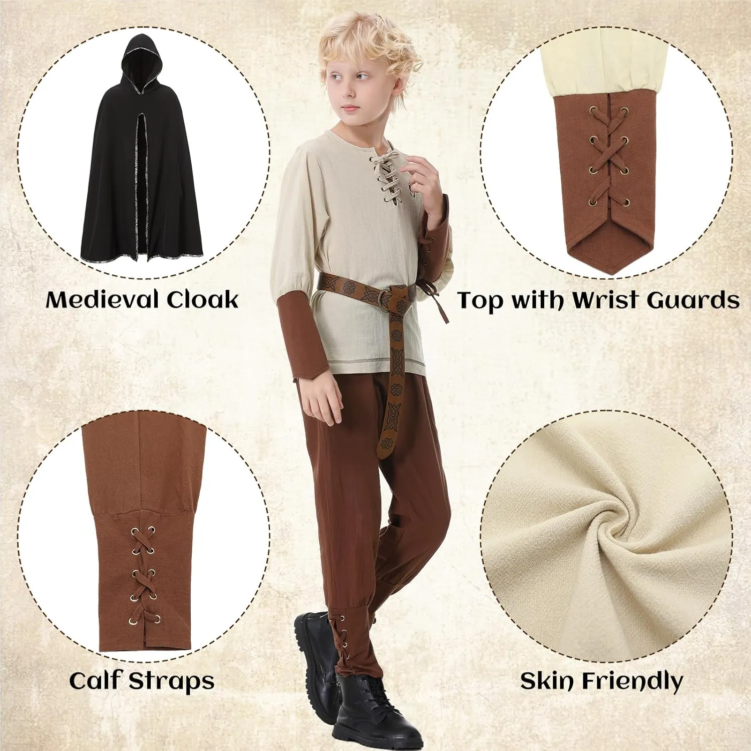 Ezuwail Boys Renaissance Costumes Outfit Kids Medieval Viking Costume Sets for Halloween, Ren Fair