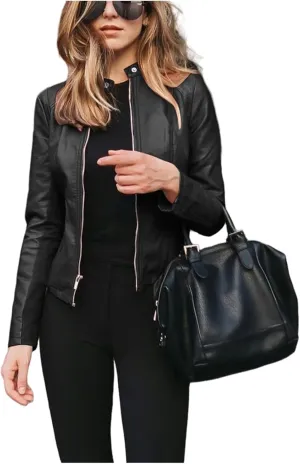 Faux Leather Jacket for Women Zip Up PU Bomber Jacket Casual Long Sleeve Vintage Coats Cropped Slim Motorcycle Coat
