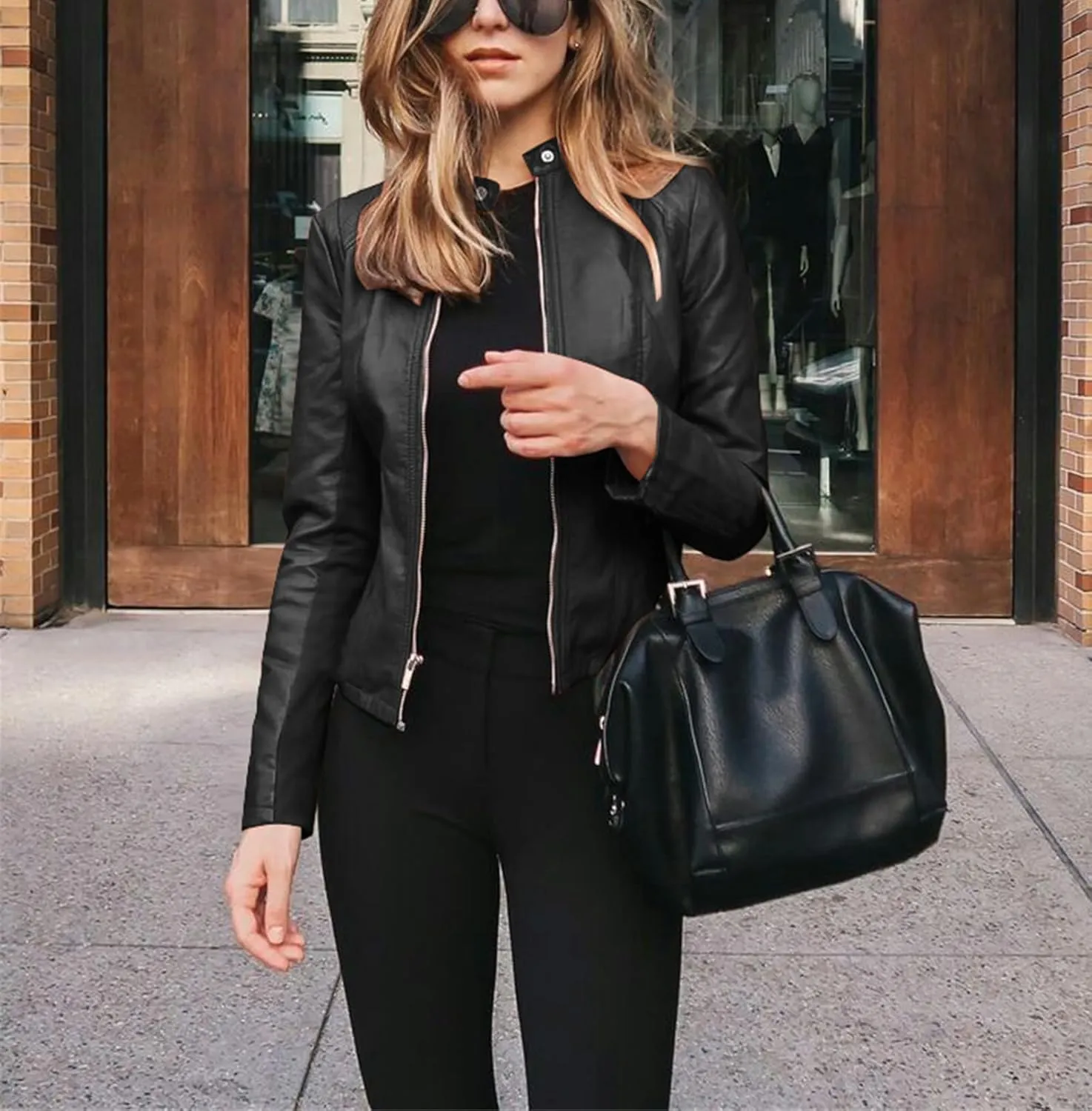 Faux Leather Jacket for Women Zip Up PU Bomber Jacket Casual Long Sleeve Vintage Coats Cropped Slim Motorcycle Coat